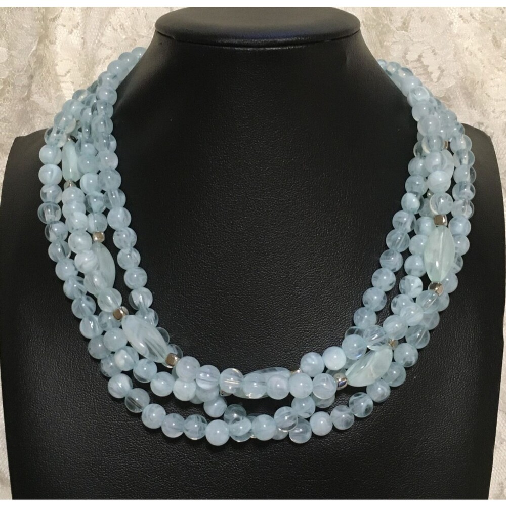 Vintage Aqua Blue Bead Necklace Plastic 4 Strands Collar style